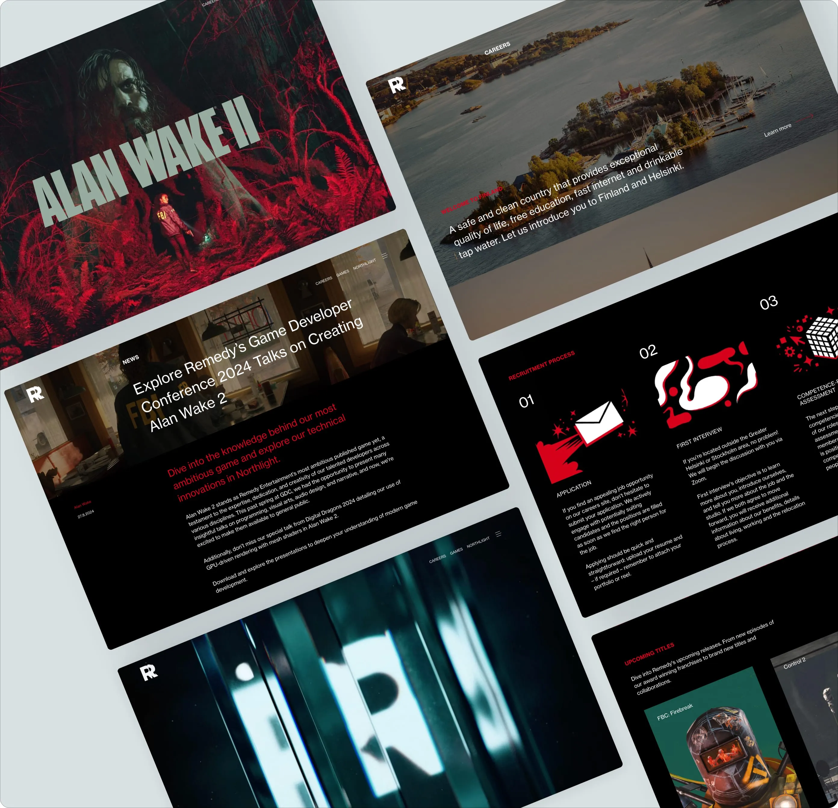 Collage of website screens from Remedy Entertainment’s website, showcasing the Alan Wake II campaign, careers page, recruitment process graphics, and news articles in a dark, cinematic design style.