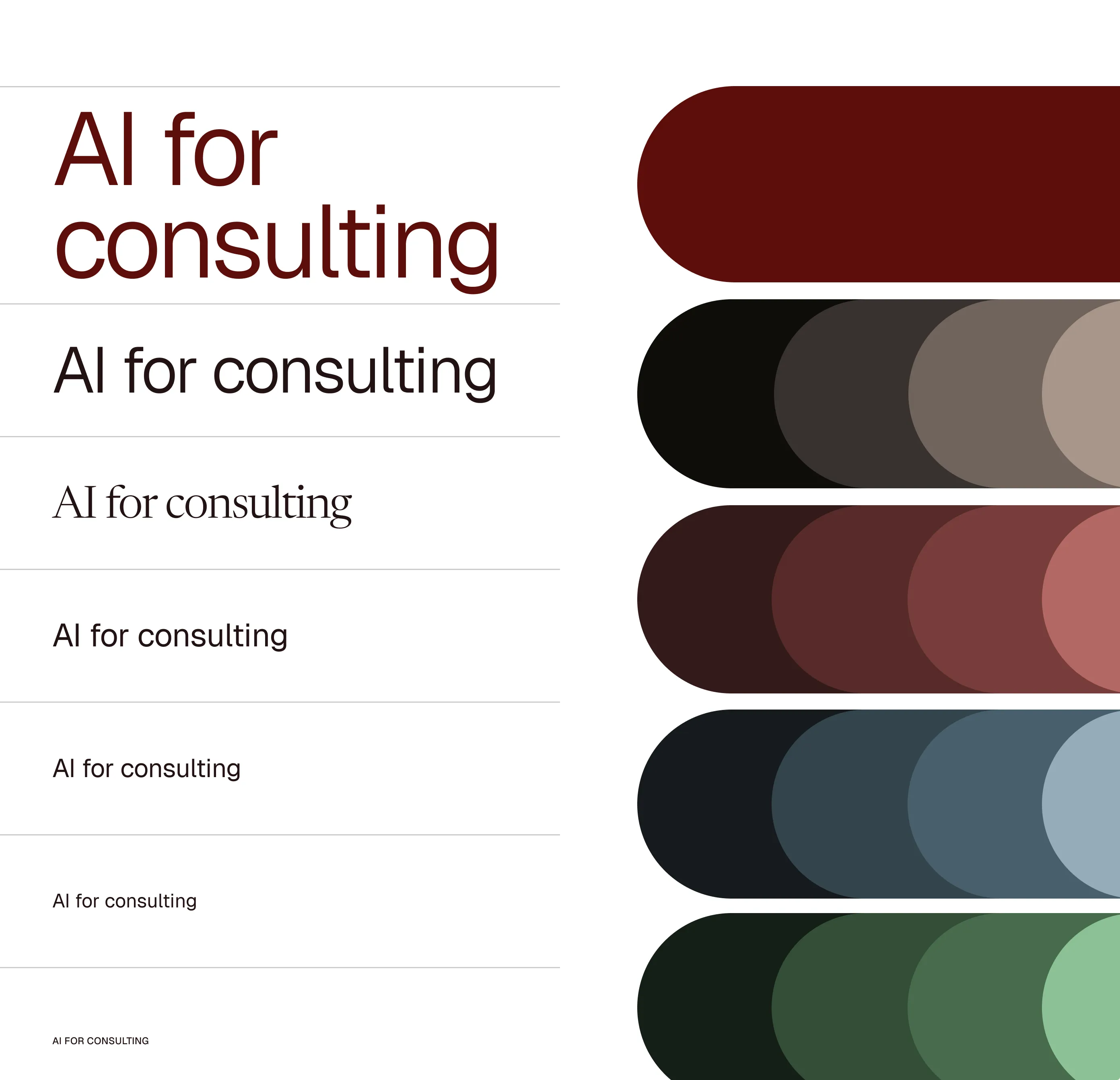 Various font styles and sizes of 'AI for consulting' next to five sets of color gradients.