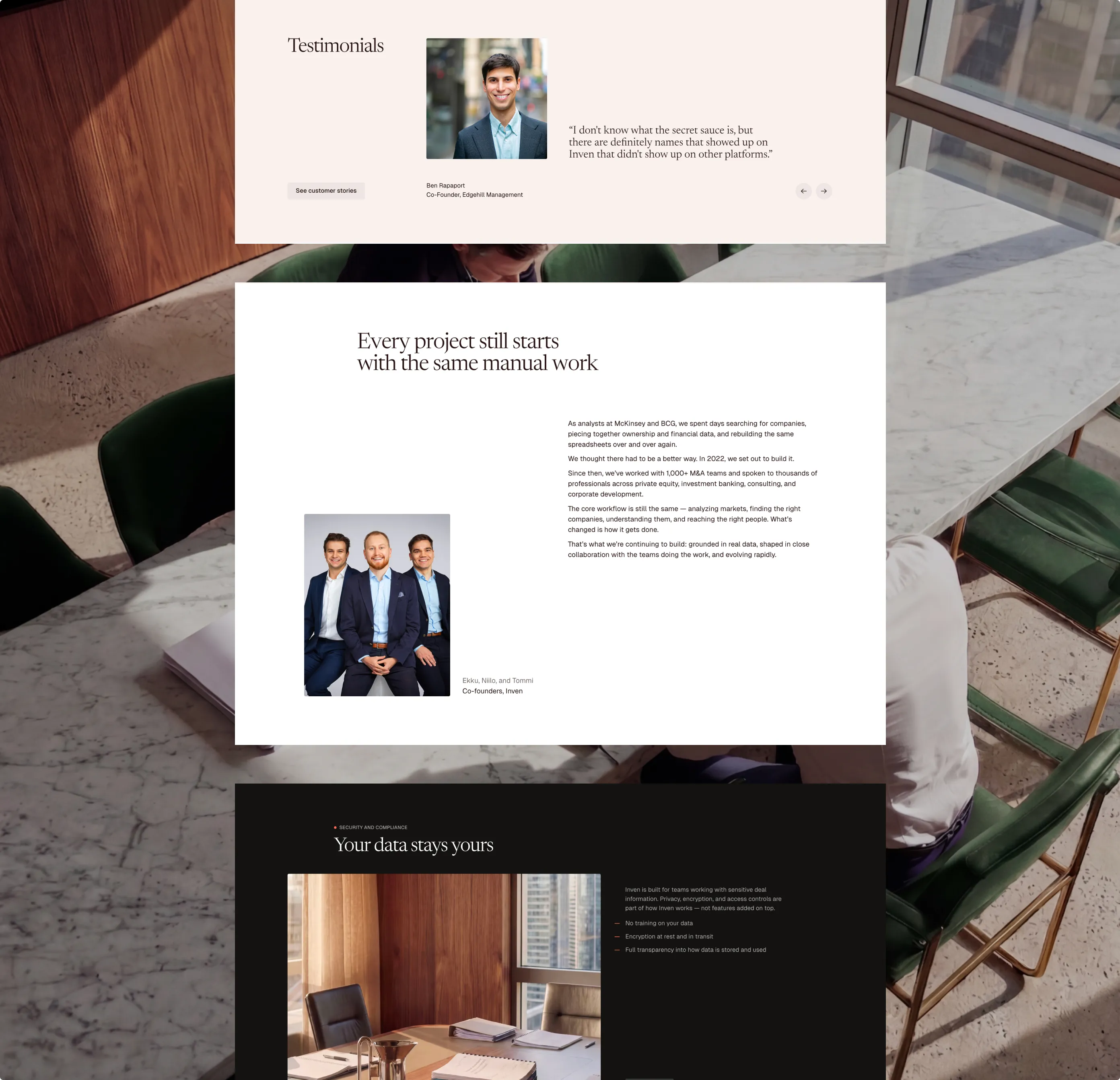 Screenshot of a website page with customer testimonials, founders' photos, and data security info.