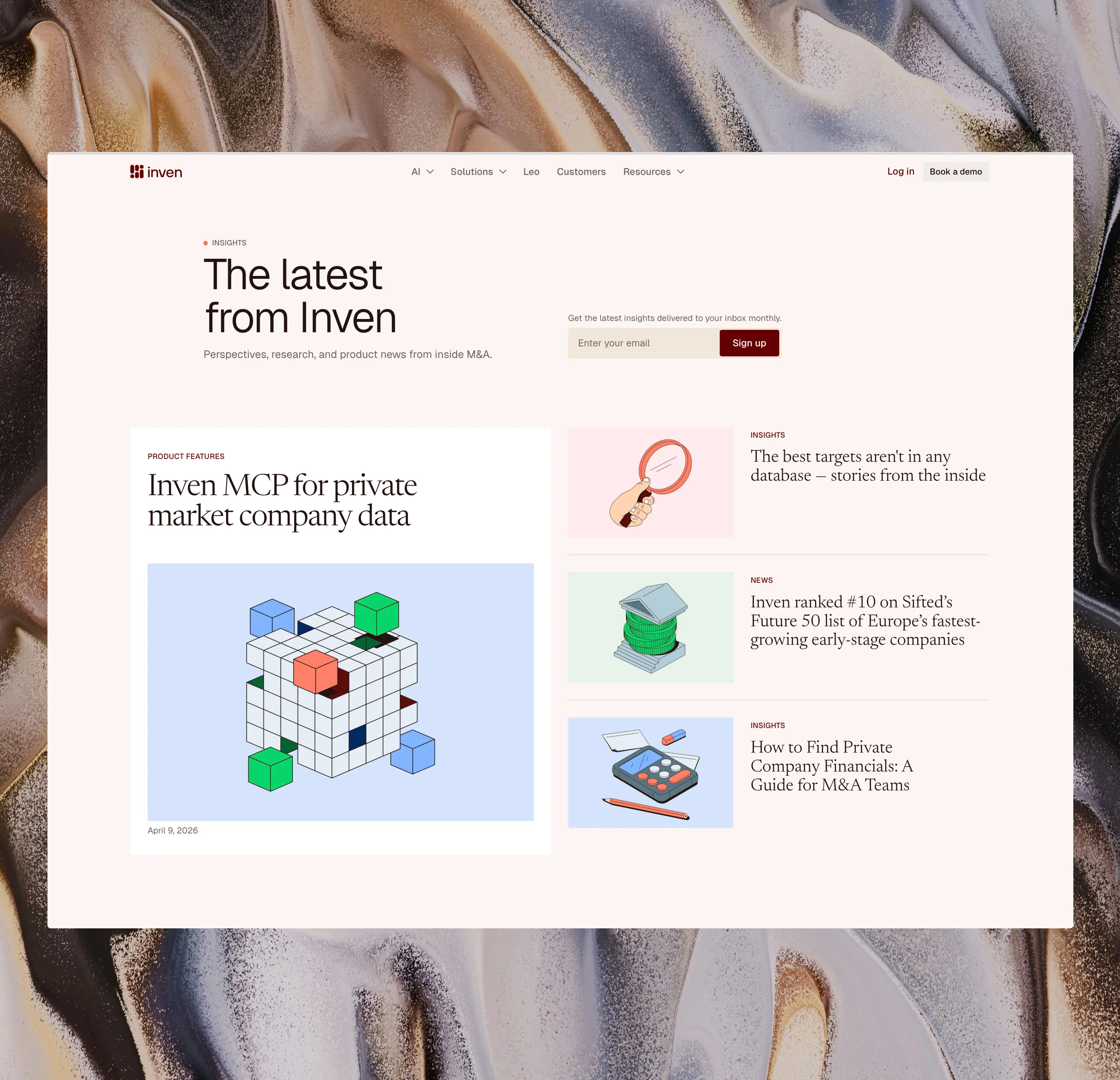 Website page titled The latest from Inven with articles on private market data, targets, rankings, and financial guides.