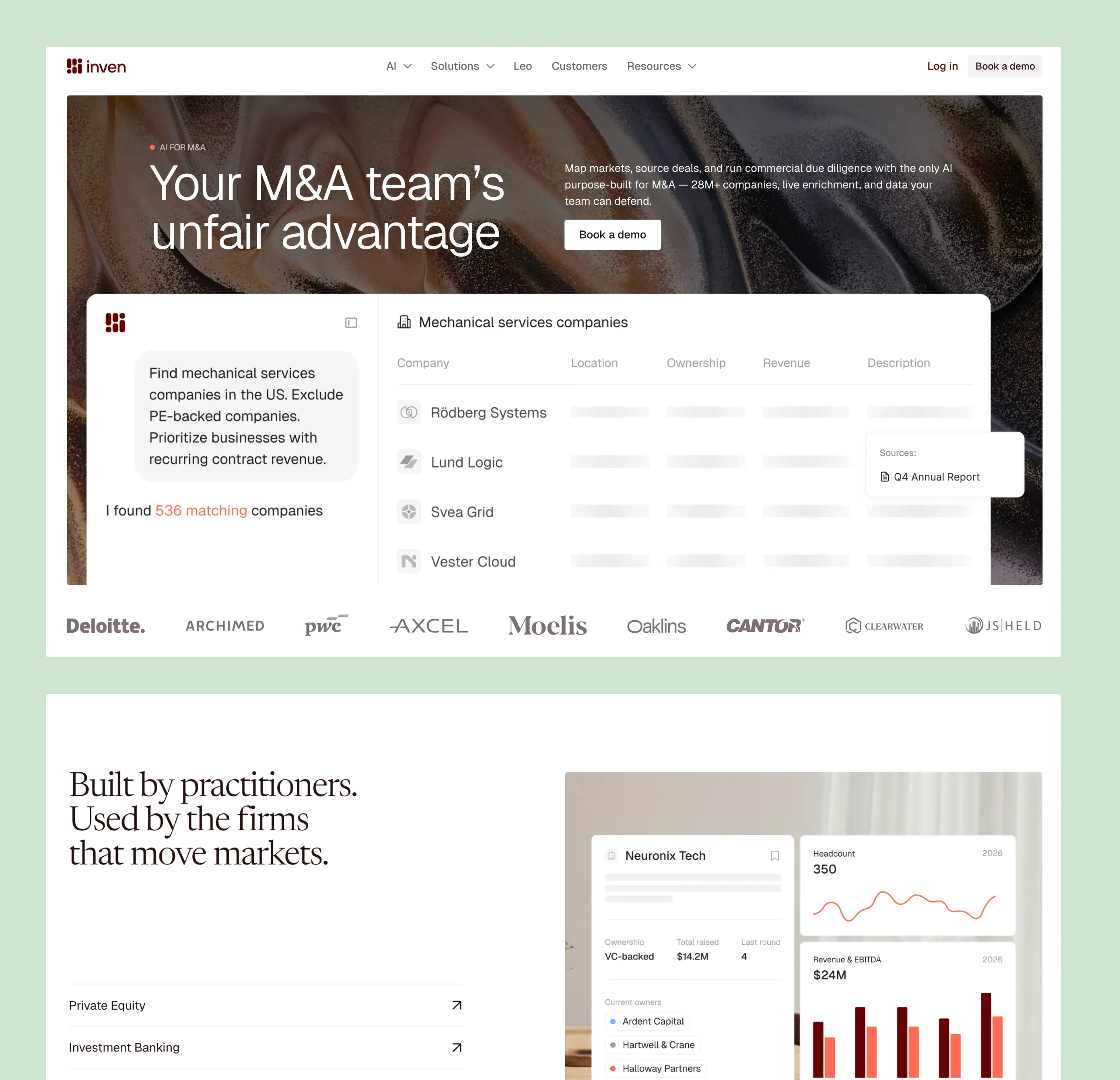 Website section showing M&A AI tool dashboard with company data, client logos, and market insights.