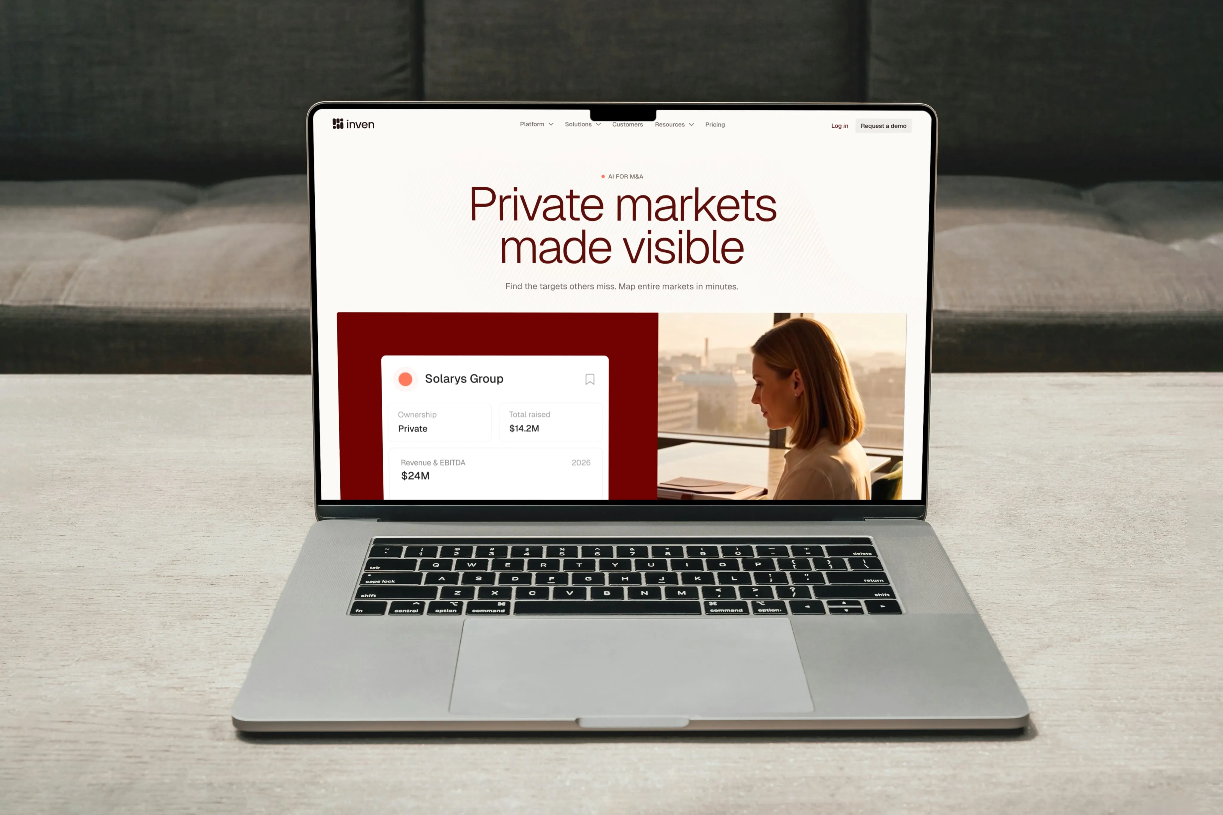 Open laptop displaying Inven website with text 'Private markets made visible'