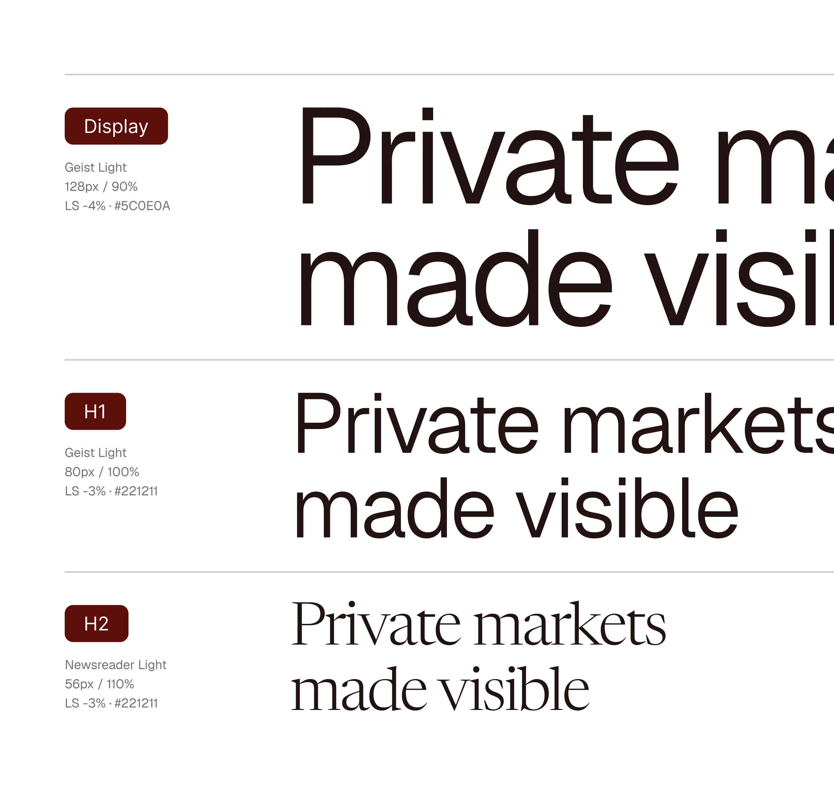 Typography samples showing the phrase 'Private markets made visible' in three font styles: Display (Geist Light, 128px), H1 (Geist Light, 80px), and H2 (Newsreader Light, 56px). Each style includes details on font size, line spacing, and color code.