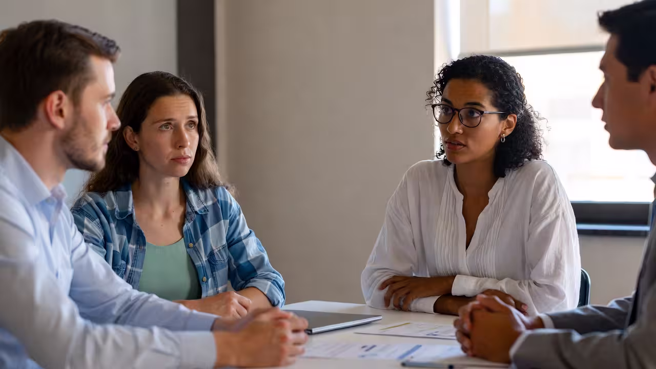 Parent speaking with a school professional during an IEP meeting.