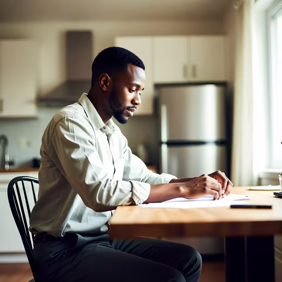 Parent writing notes at a kitchen table while managing family support tasks.