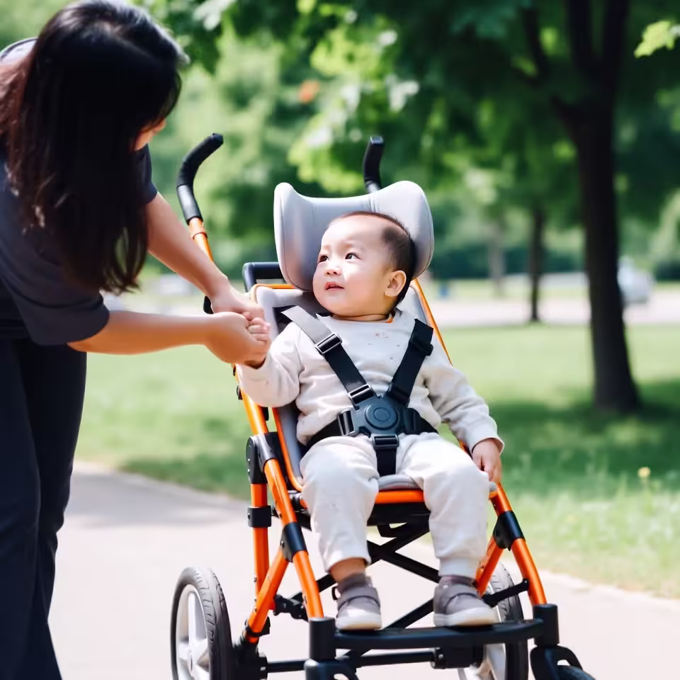 Child using a mobility walker outdoors with caregiver support.