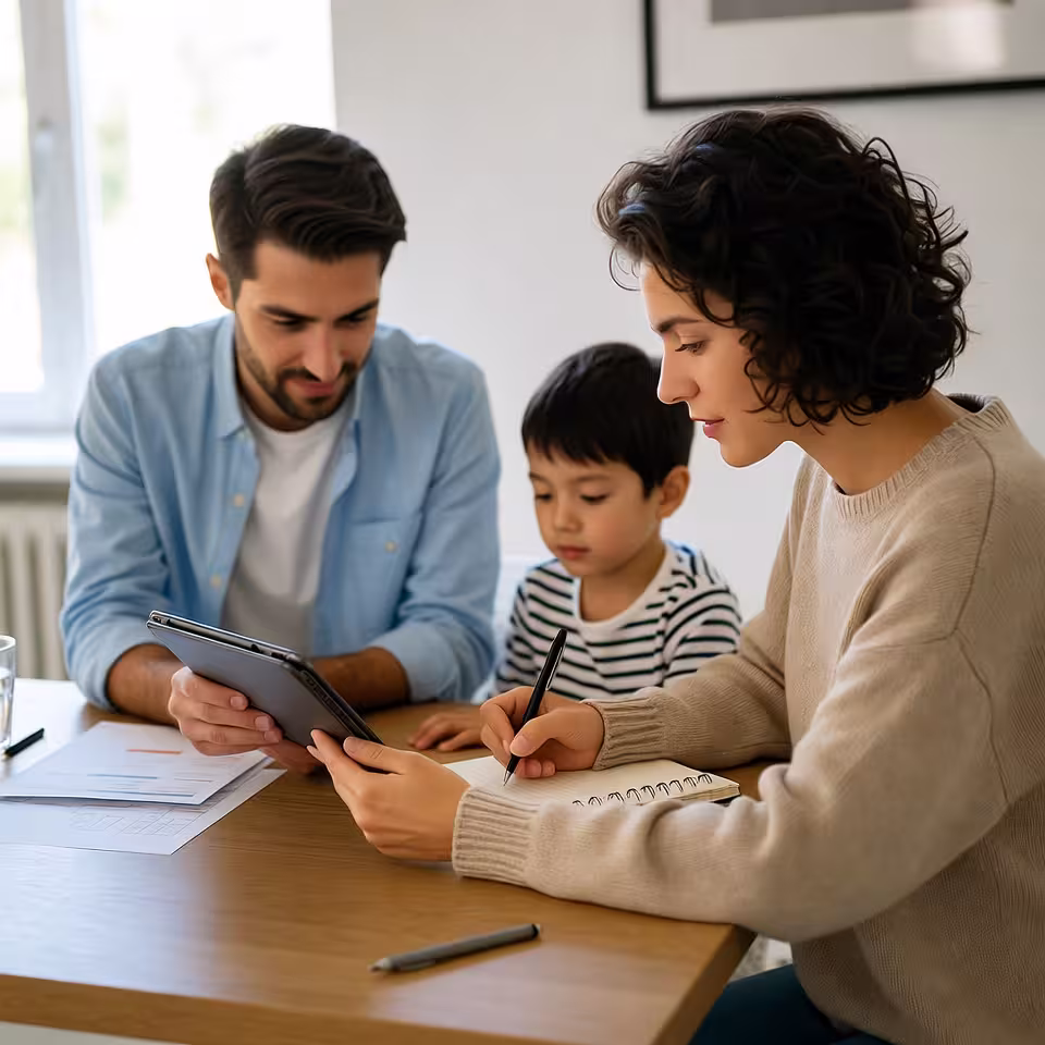Parents helping a child during a home learning or behavior support activity.