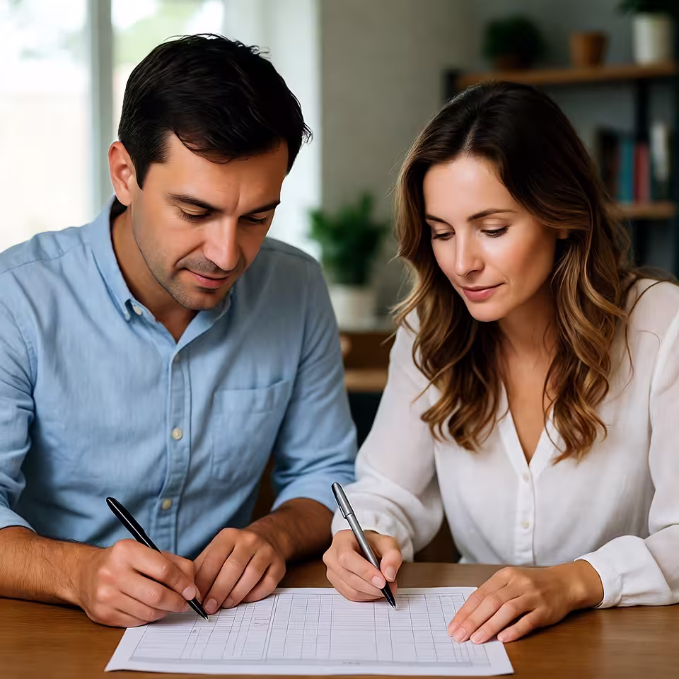 Parents completing a behavior tracker or support form for their child.