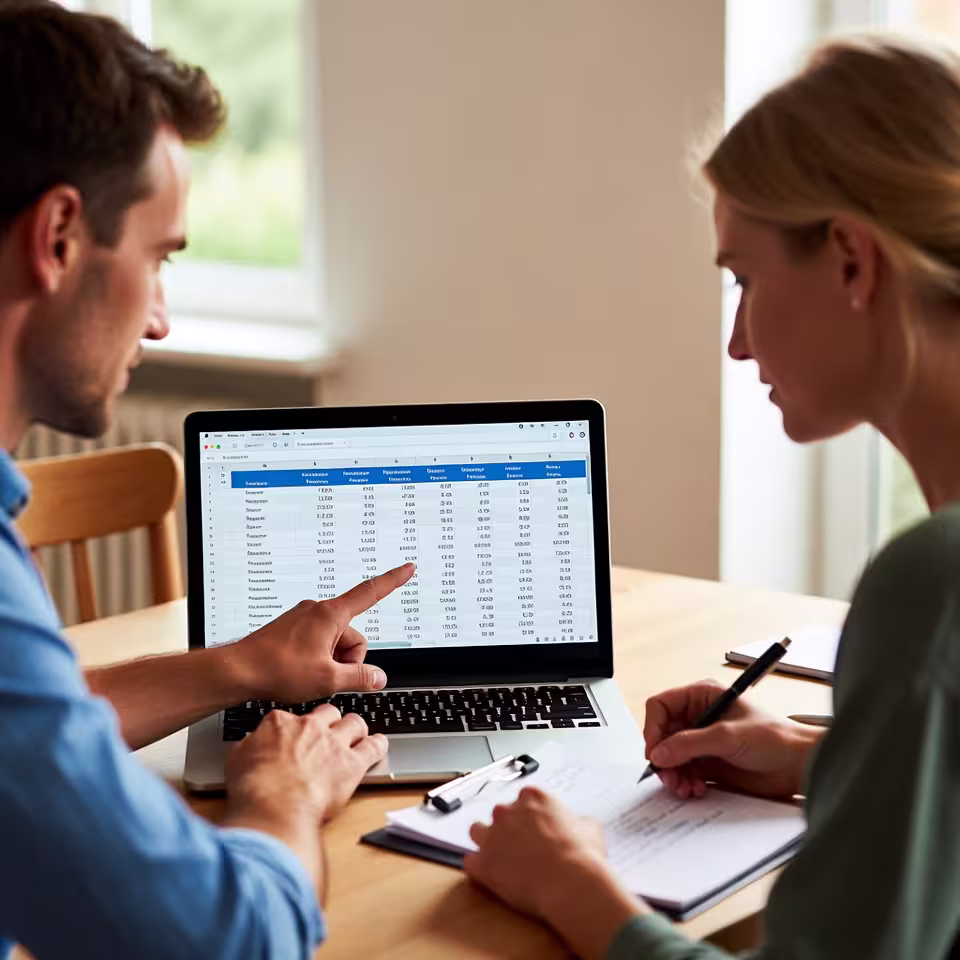Caregiver reviewing a digital tracker or spreadsheet during a family support discussion.