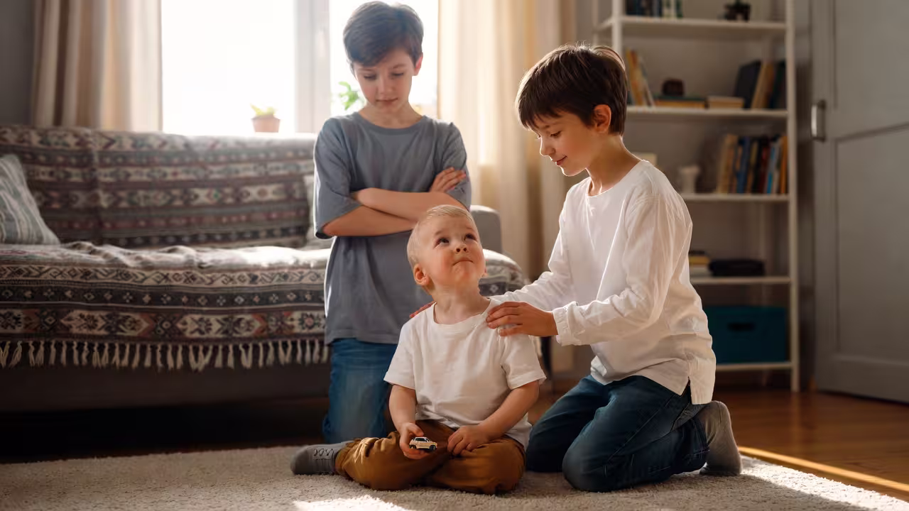 Siblings sitting together at home during a calm family support moment.