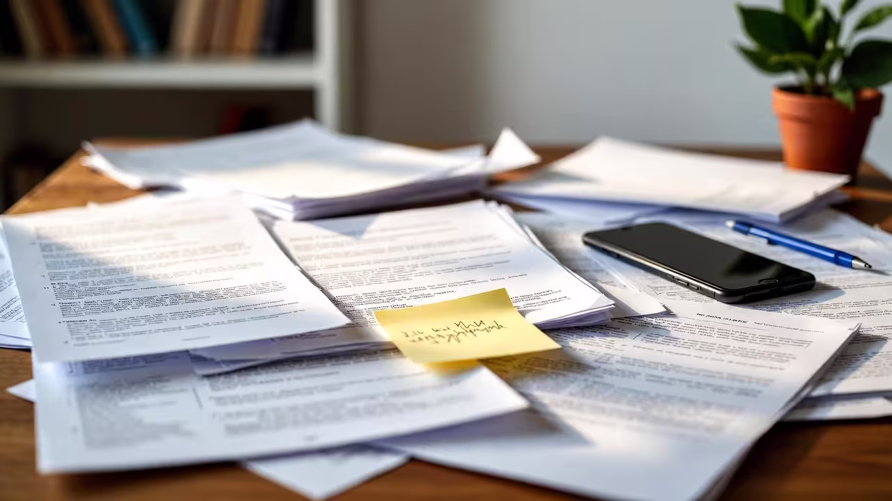 Desk with paperwork, handwritten notes, a pen, and a phone.