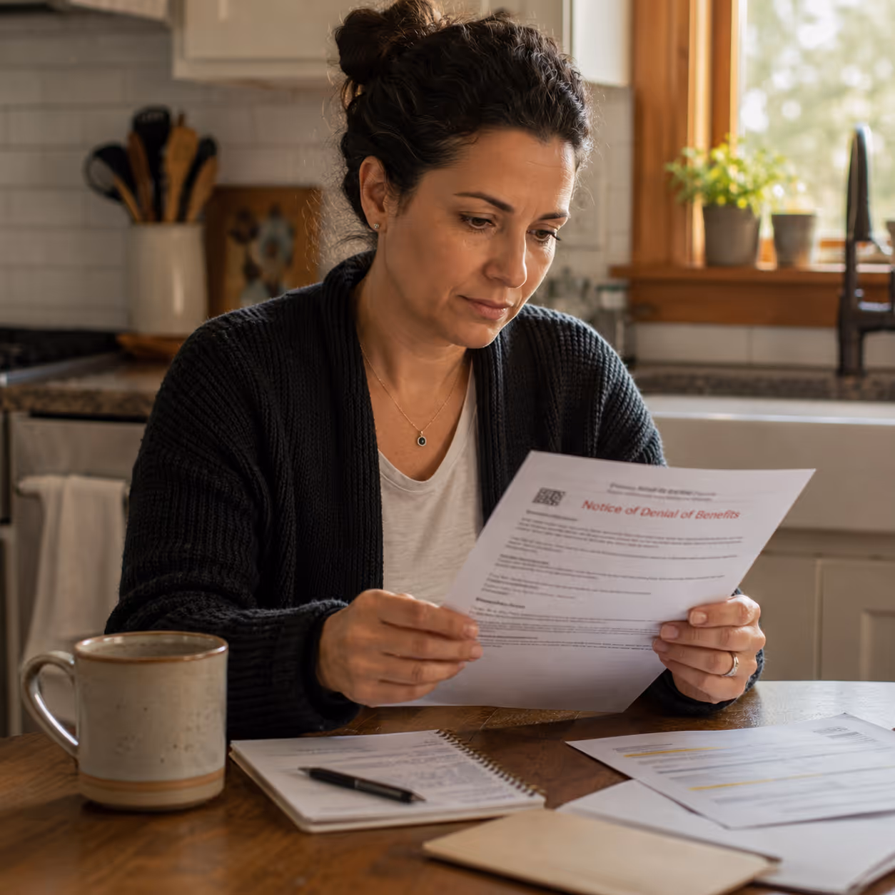 Parent reviewing a denial letter at a kitchen table while preparing to write an appeal.