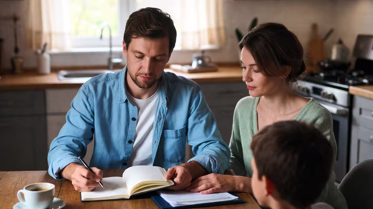 Parent at home with a notebook and folder after a child diagnosis.
