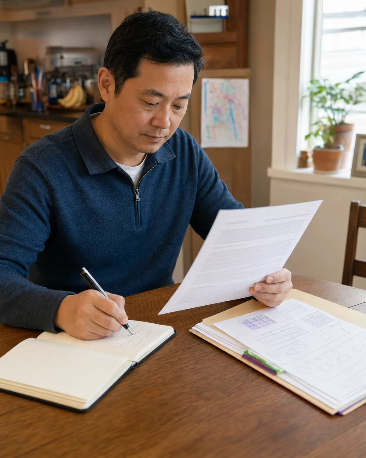 Father reviewing a written school response beside math work samples and taking notes.