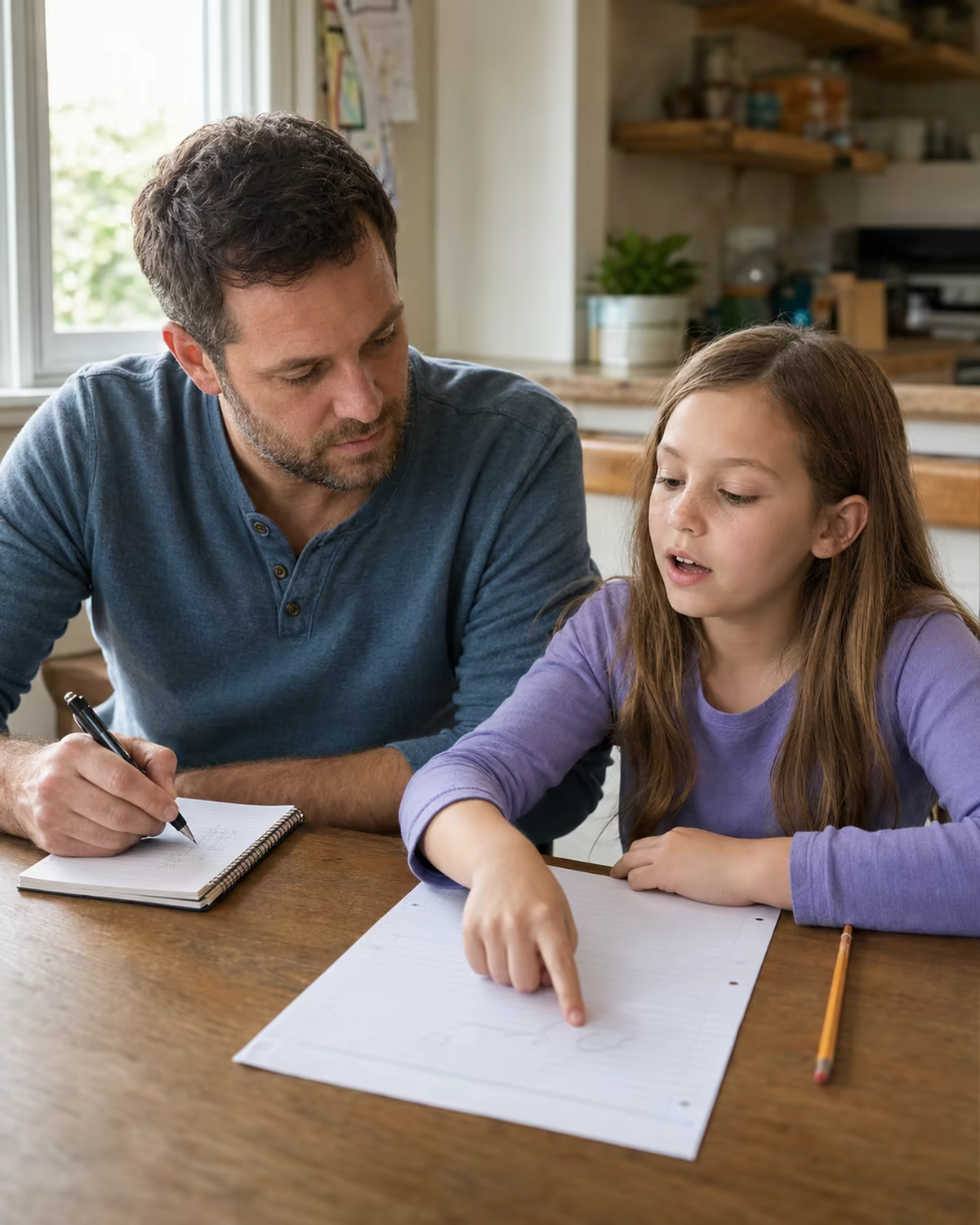 Child pointing to a worksheet as her father listens and records observations.