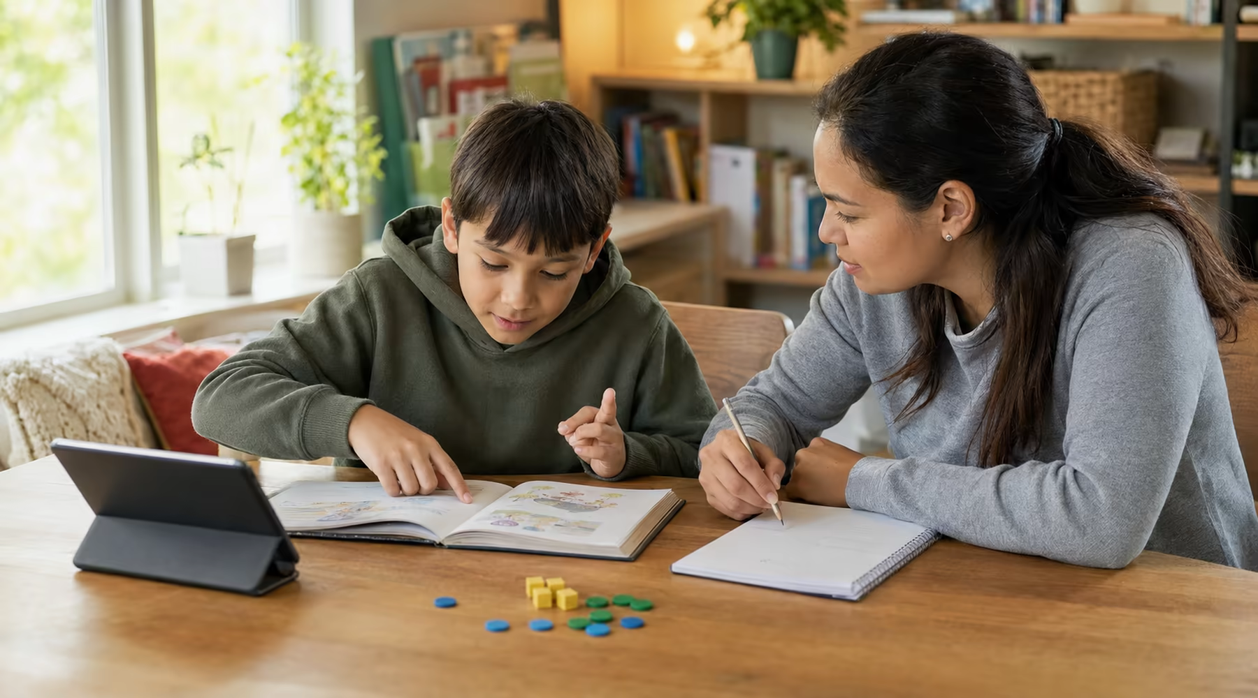 Adult supporting a child using reading, writing, math, and digital learning materials.