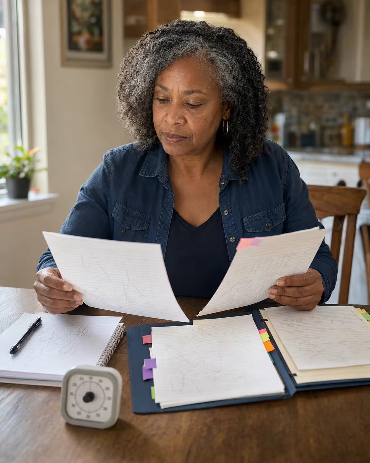 Caregiver comparing writing samples and organizing them in a tabbed school folder.