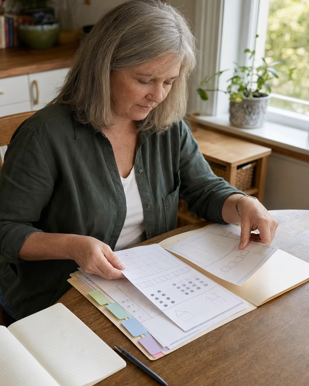 Older caregiver organizing math work samples into a tabbed folder.