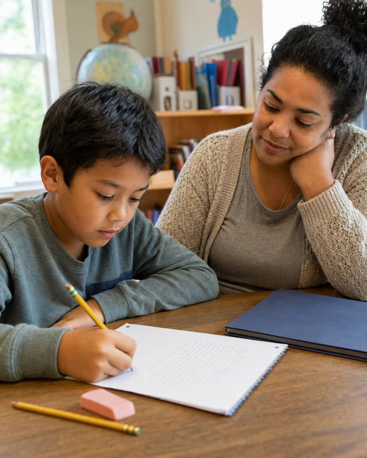 Child completing written schoolwork while a supportive adult sits nearby.