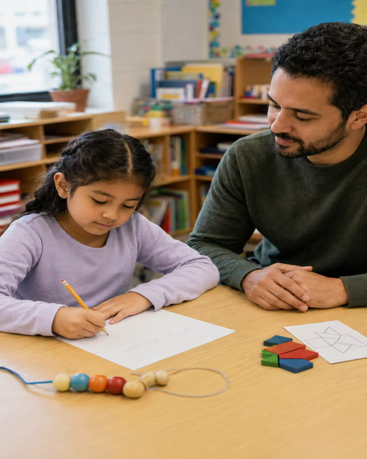 School professional observing a child complete a handwriting and fine-motor task.