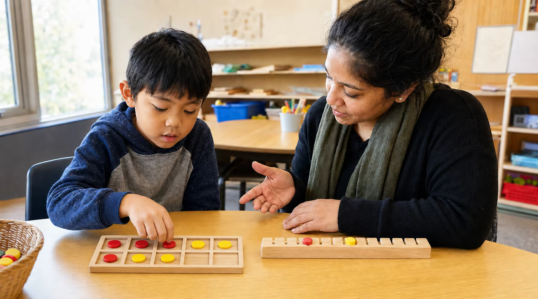 Adult supporting a child using counting counters and a number line.