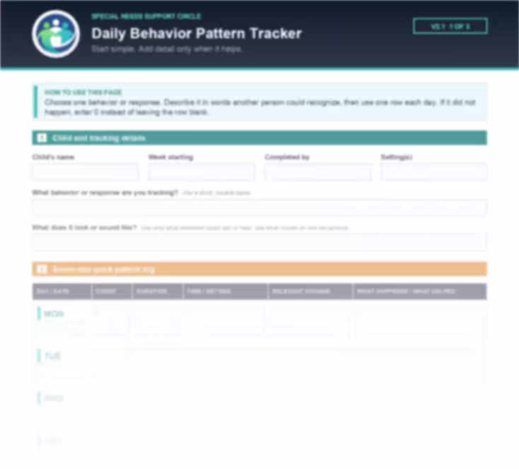 Preview SNSC Daily Behavior Pattern Tracker, including a seven-day log