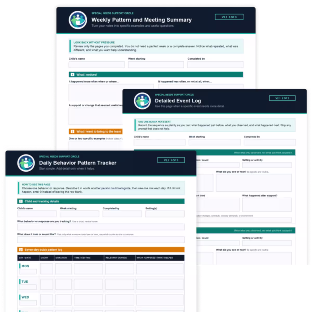 Preview of the three-page SNSC Daily Behavior Pattern Tracker, including a seven-day log, detailed event log, and weekly meeting summary