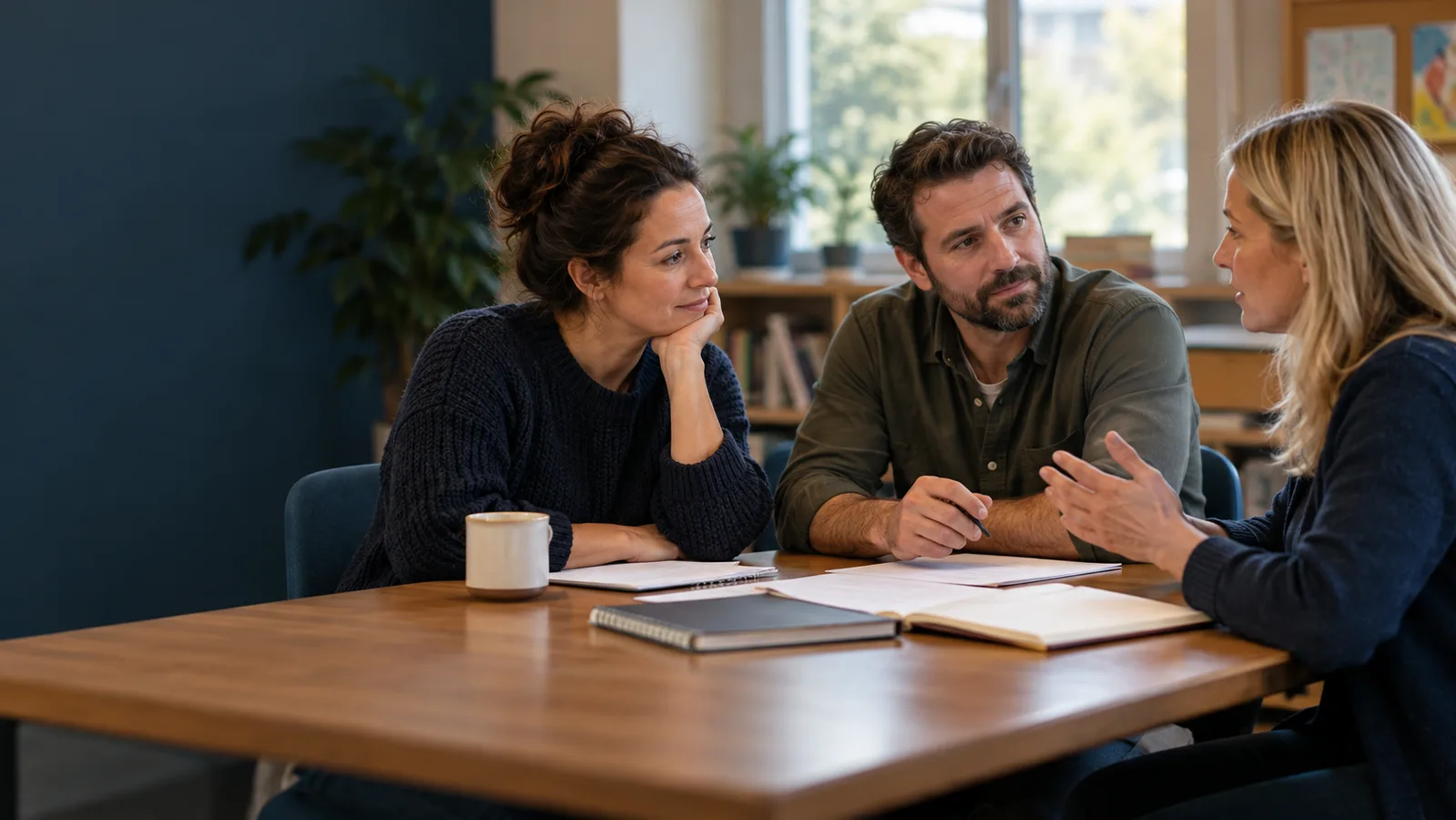 Three adults talking around a table with papers and notebooks.