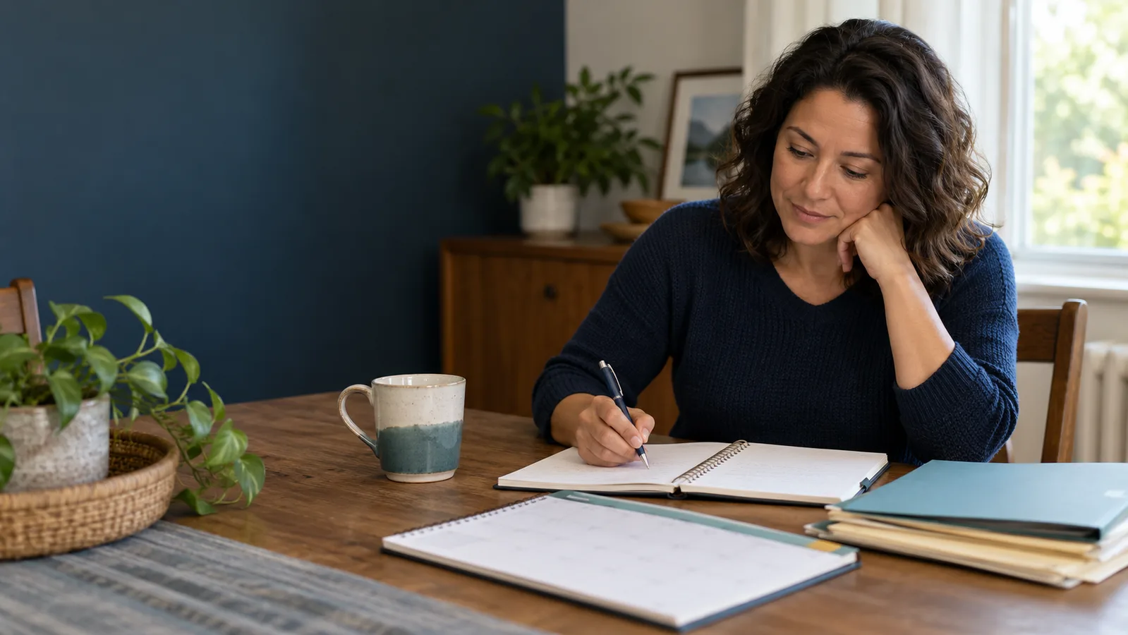 An adult writing in a notebook beside a calendar and folders.