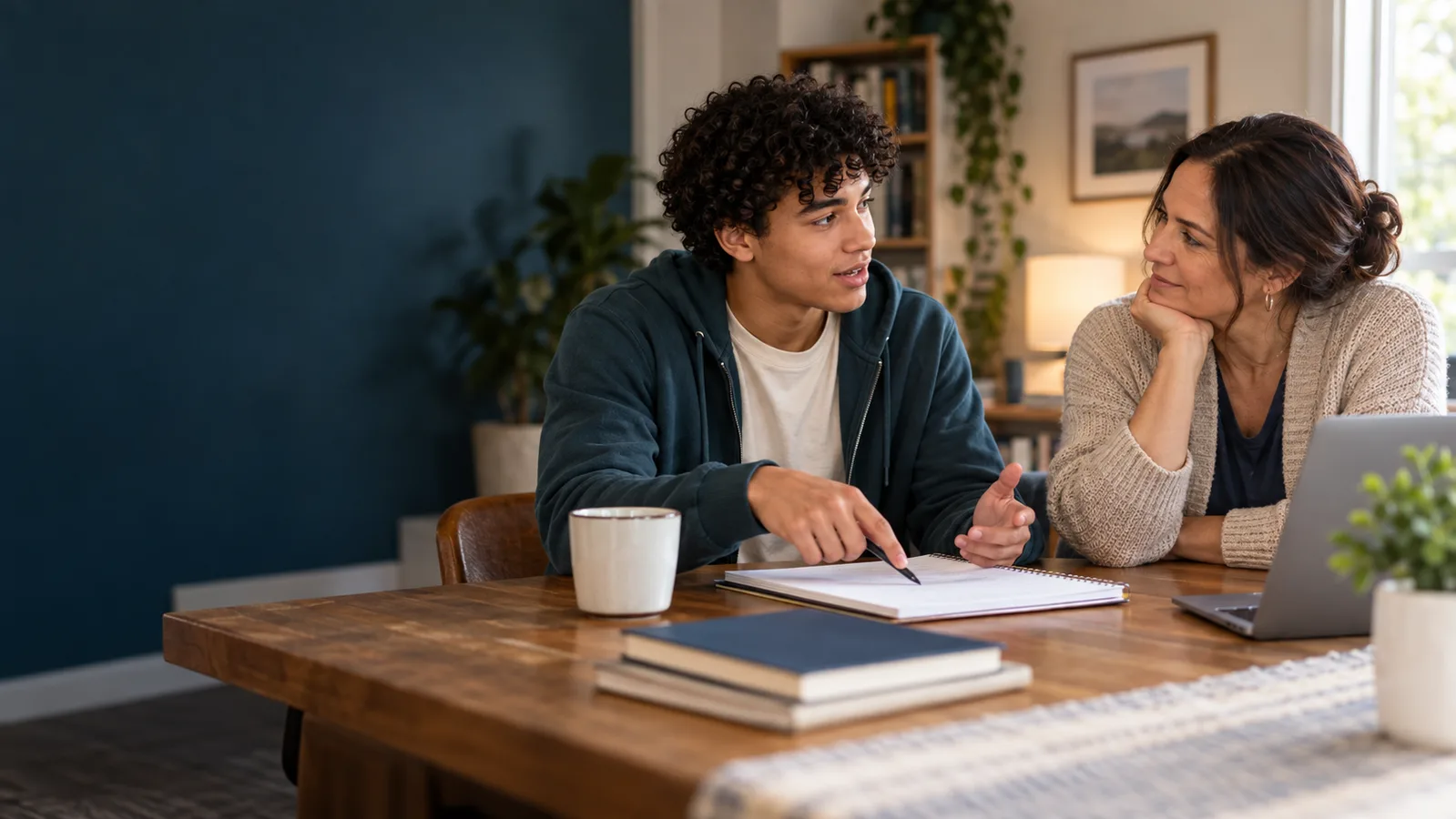 A young person sharing notebook ideas with an adult at a table.