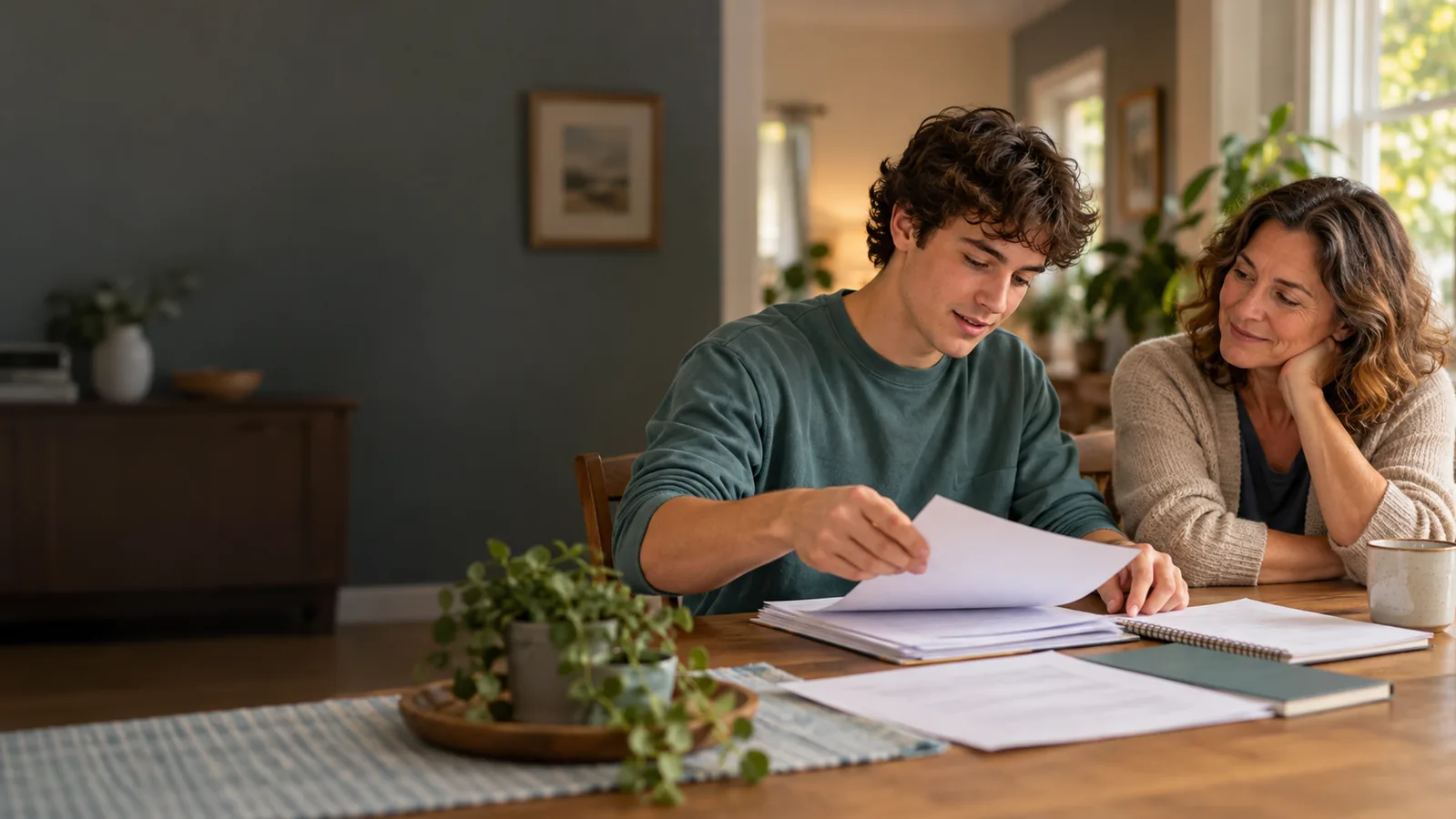 A young adult organizing papers with another adult at a table.