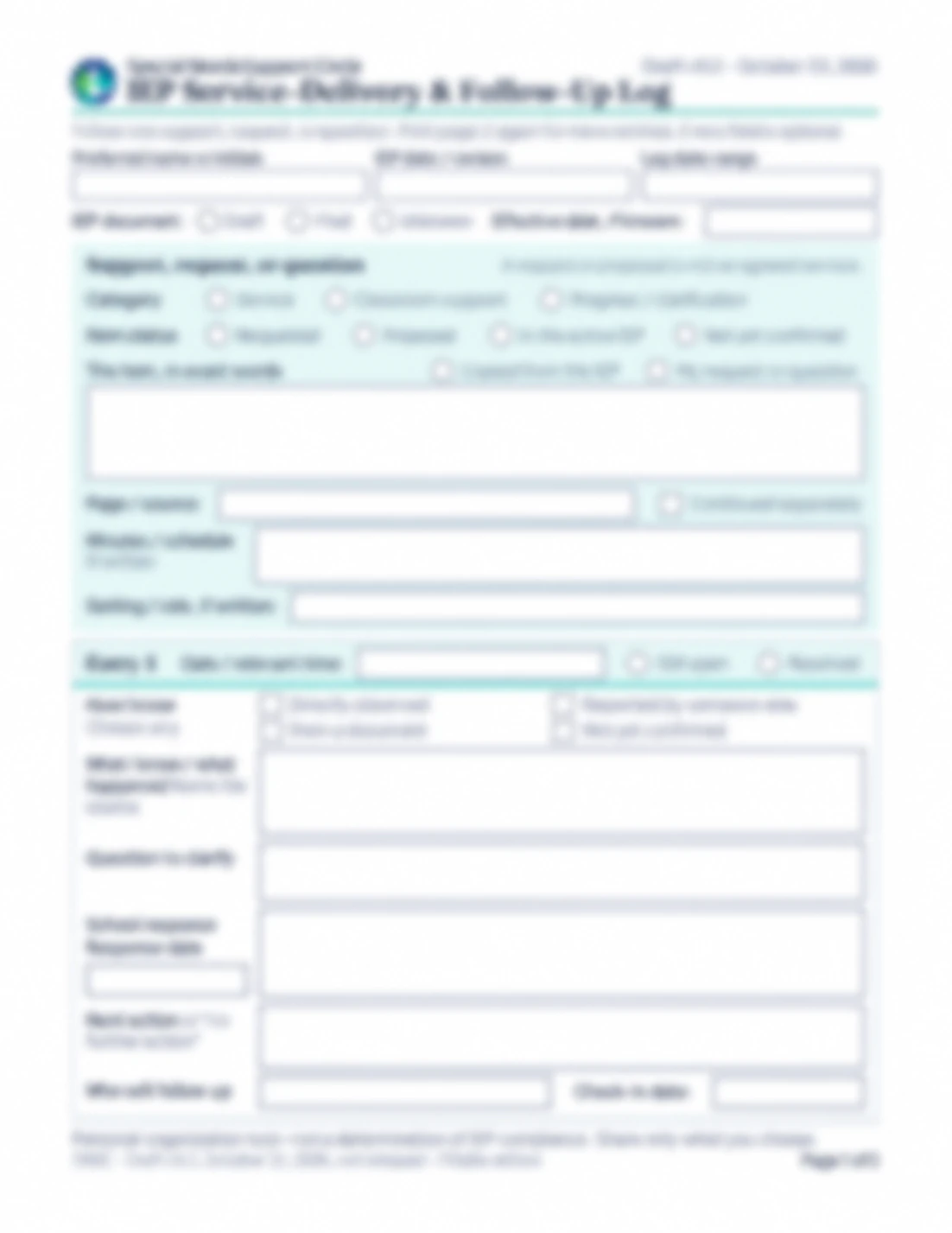 Blurred preview of the IEP Service Delivery Log first-page layout.