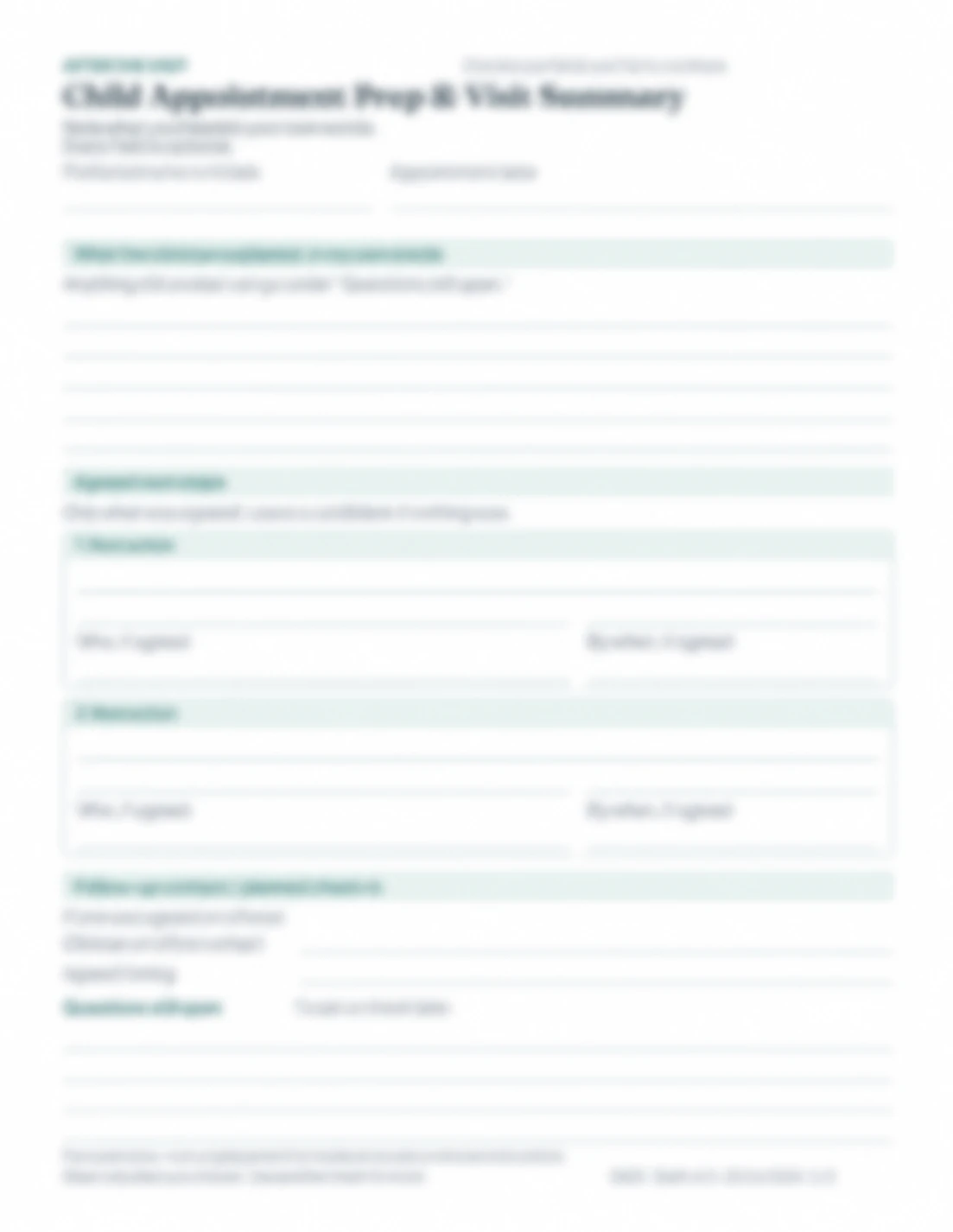 Blurred preview of the complete after-the-visit page of the Child Appointment Prep worksheet.