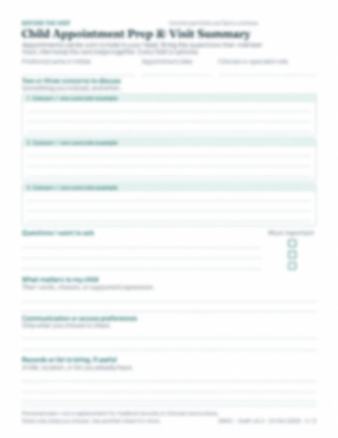 Blurred preview of the complete before-the-visit page of the Child Appointment Prep worksheet.