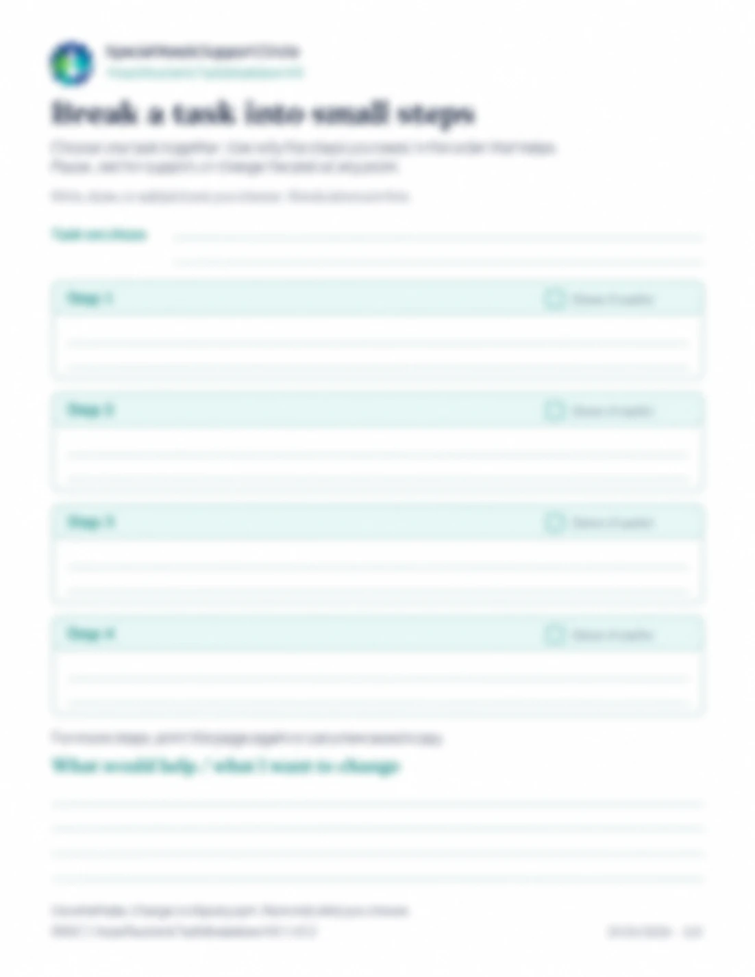 Blurred preview of the small-step planner, with four rows, optional Done checkboxes and space for helpful support.