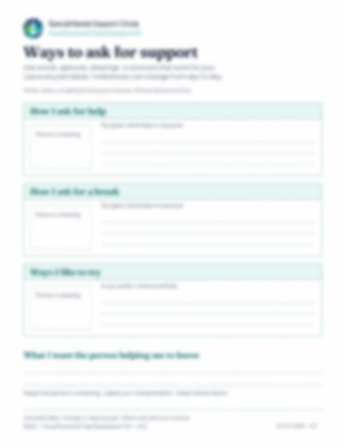 Blurred preview of the optional support choices, with help, break and preferred-way prompts.