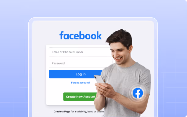 Smiling young man in gray shirt holding a smartphone, with a Facebook login screen in the background.