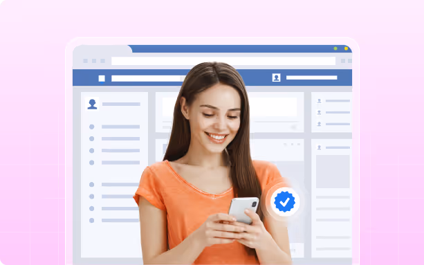 Smiling woman in orange shirt holding a smartphone with a verified badge icon, in front of a stylized social media interface background.