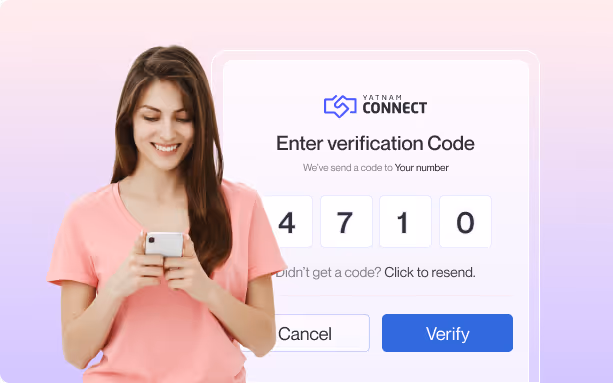 Woman in pink shirt smiling while holding a smartphone next to a verification code entry screen with digits 4710 and buttons Cancel and Verify.