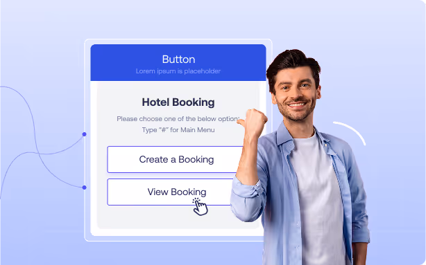 Man smiling and pointing to a digital interface with hotel booking options: Create a Booking and View Booking.
