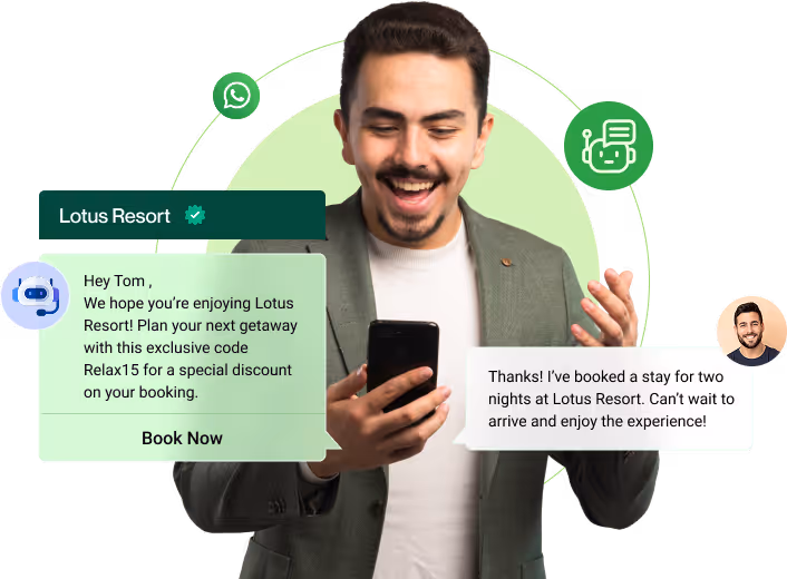 A smiling man in a gray blazer looking at his phone with chat bubbles showing a message about booking a stay at Lotus Resort using a discount code.