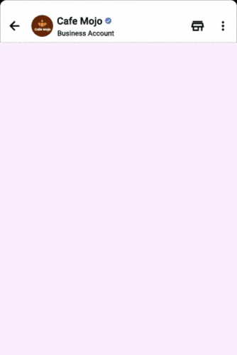 Screenshot of Cafe Mojo business account interface with minimal purple background and menu icons at the top.