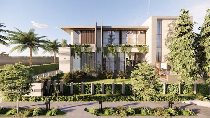 Front view render of an east facing villa option 2 from the Vihara project