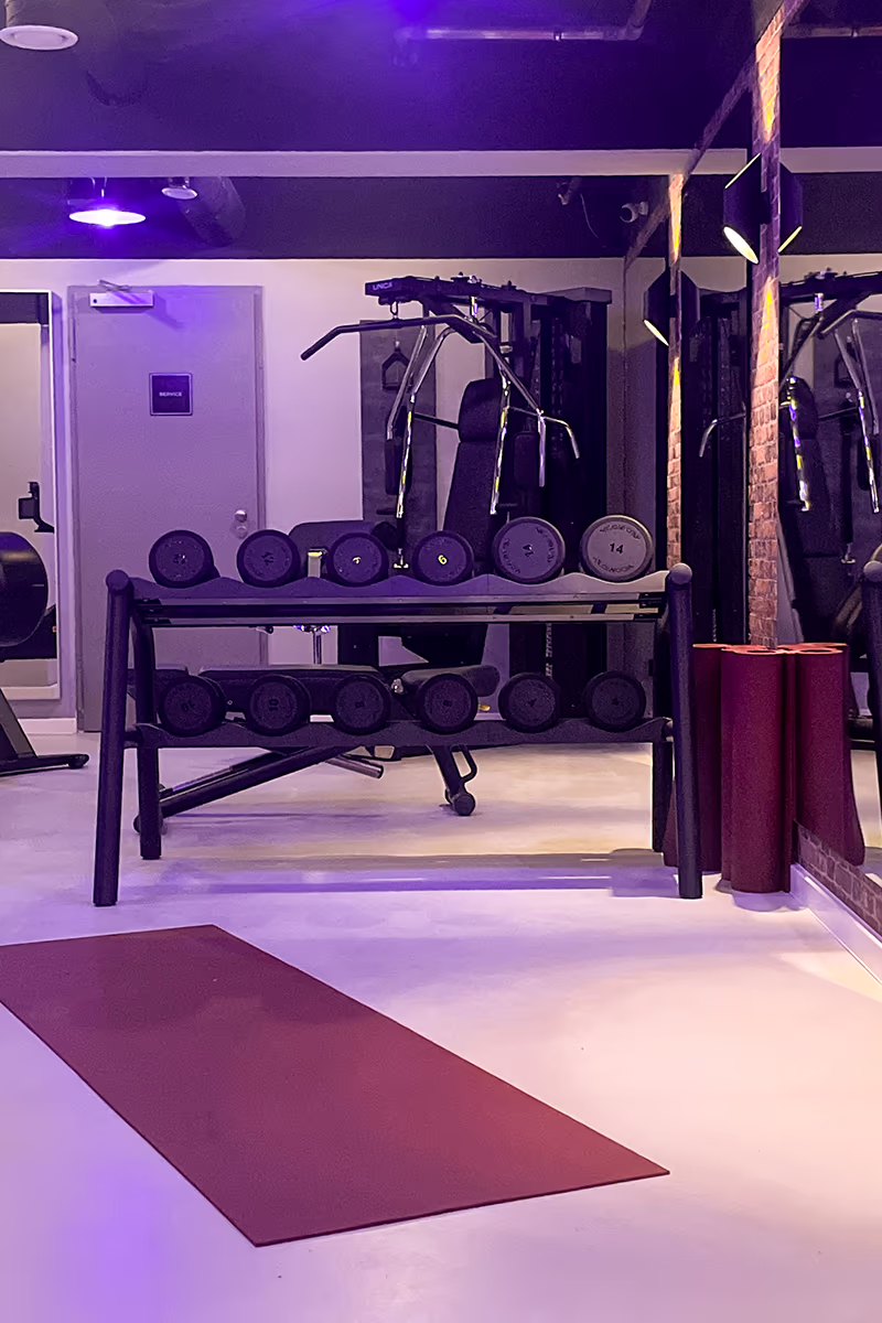 Empty workout room with black weight rack and two rows of dumbbells, adjustable training bench and cable puller on the back wall, red yoga mat in the foreground, three rolled up mats to the right of a mirror wall, subdued purple light and quiet, modern training atmosphere.