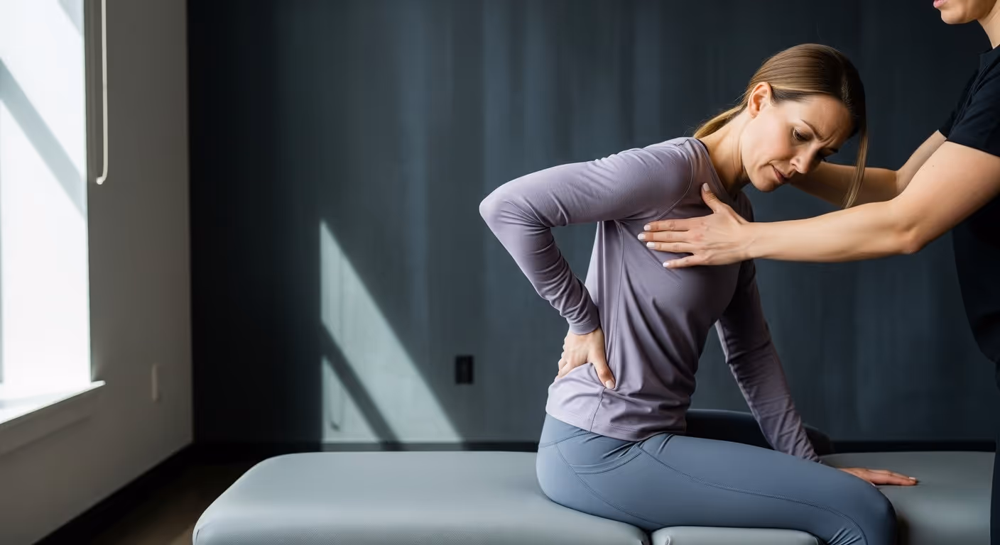 Woman receiving Precision Back Pain Assessment at Apex to identify pain triggers and restore mobility.