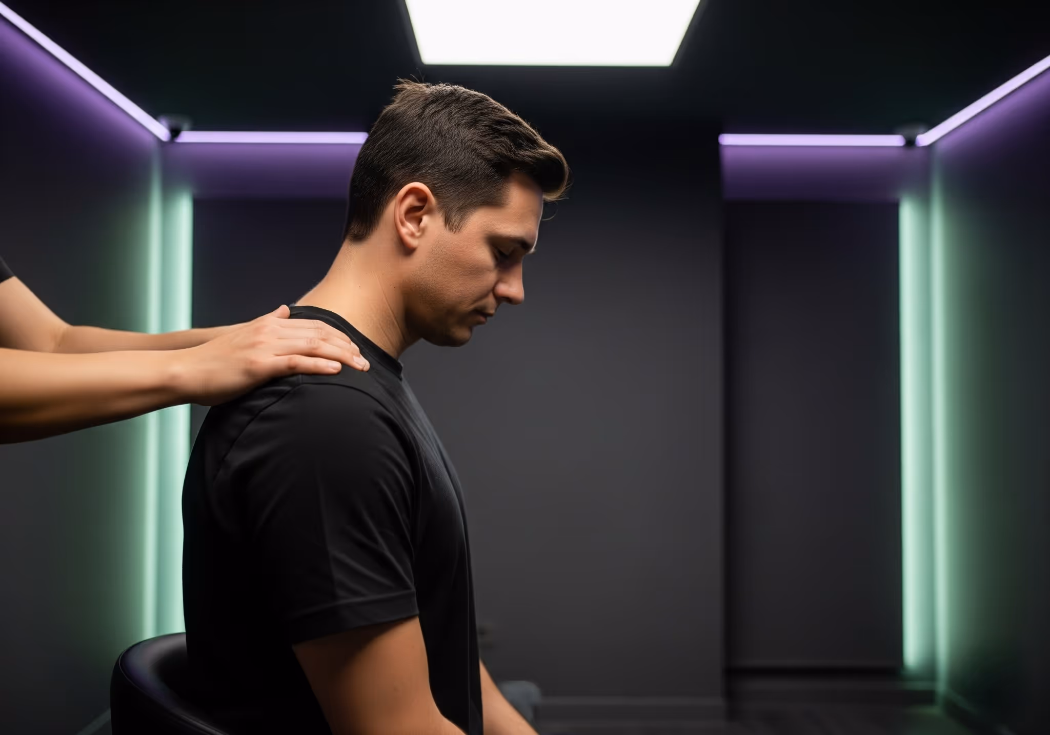Therapist performing shoulder massage on male client in modern Apex treatment room for muscle tension relief