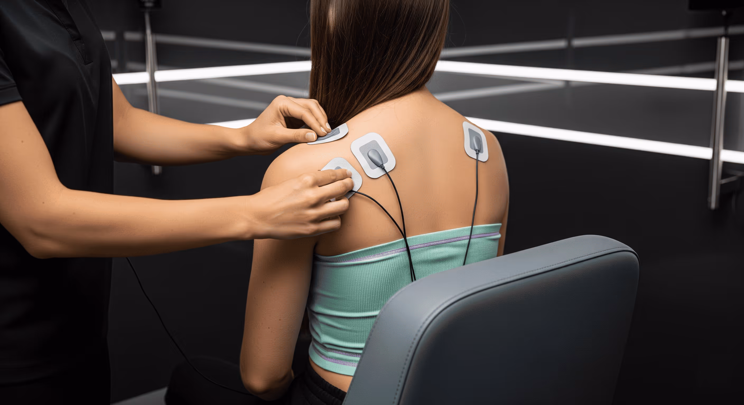 Practitioner applying neuromuscular recovery pads to client’s back at Apex.
