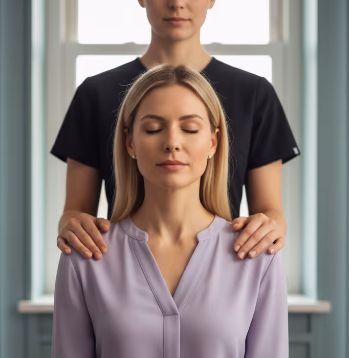 Woman receiving Apex Chiropractic Care and QNRT — resetting stress patterns, restoring alignment, and supporting neurological healing.