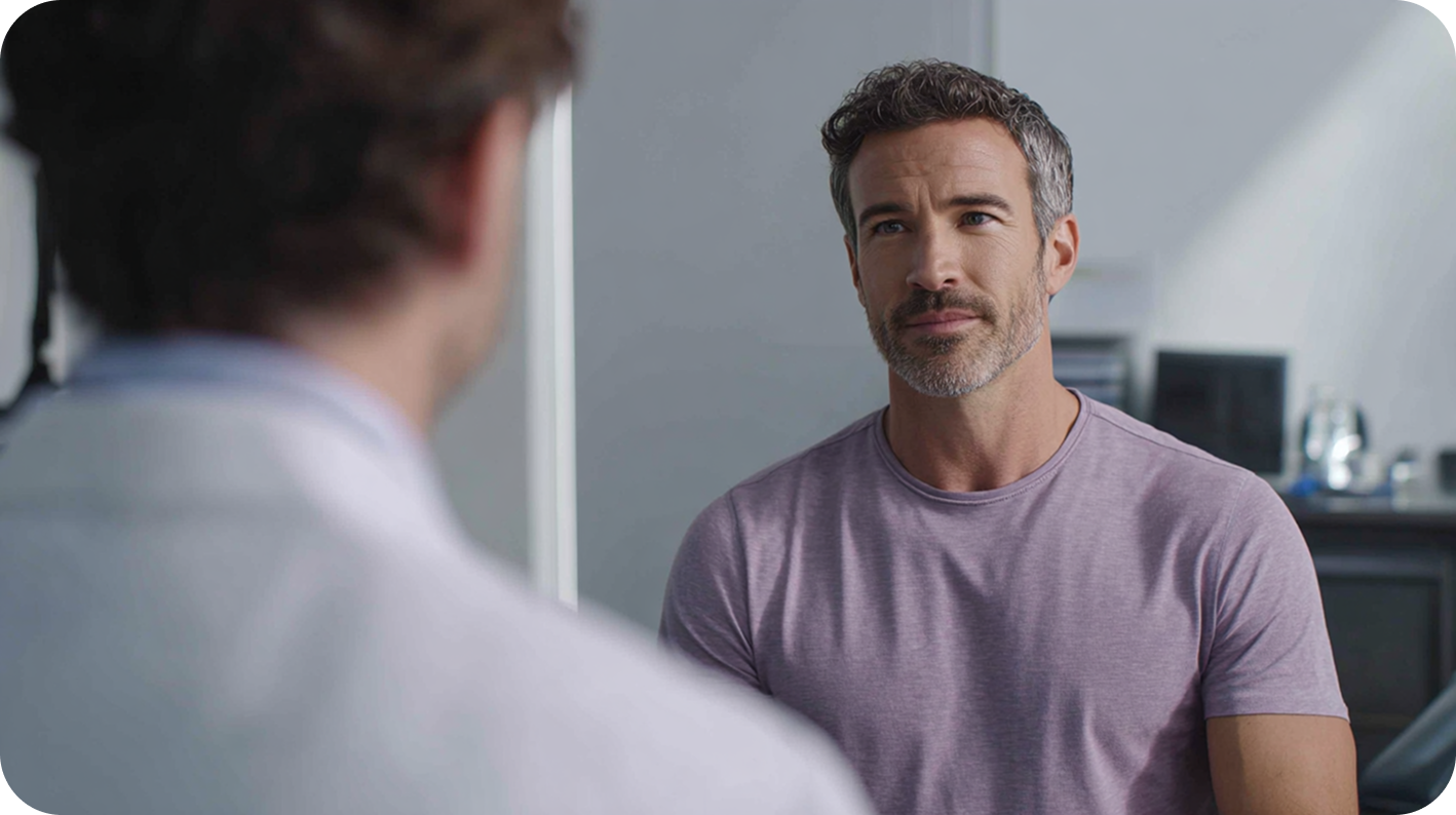 Man seated across from a medical provider during a consultation at Apex Performance & Longevity