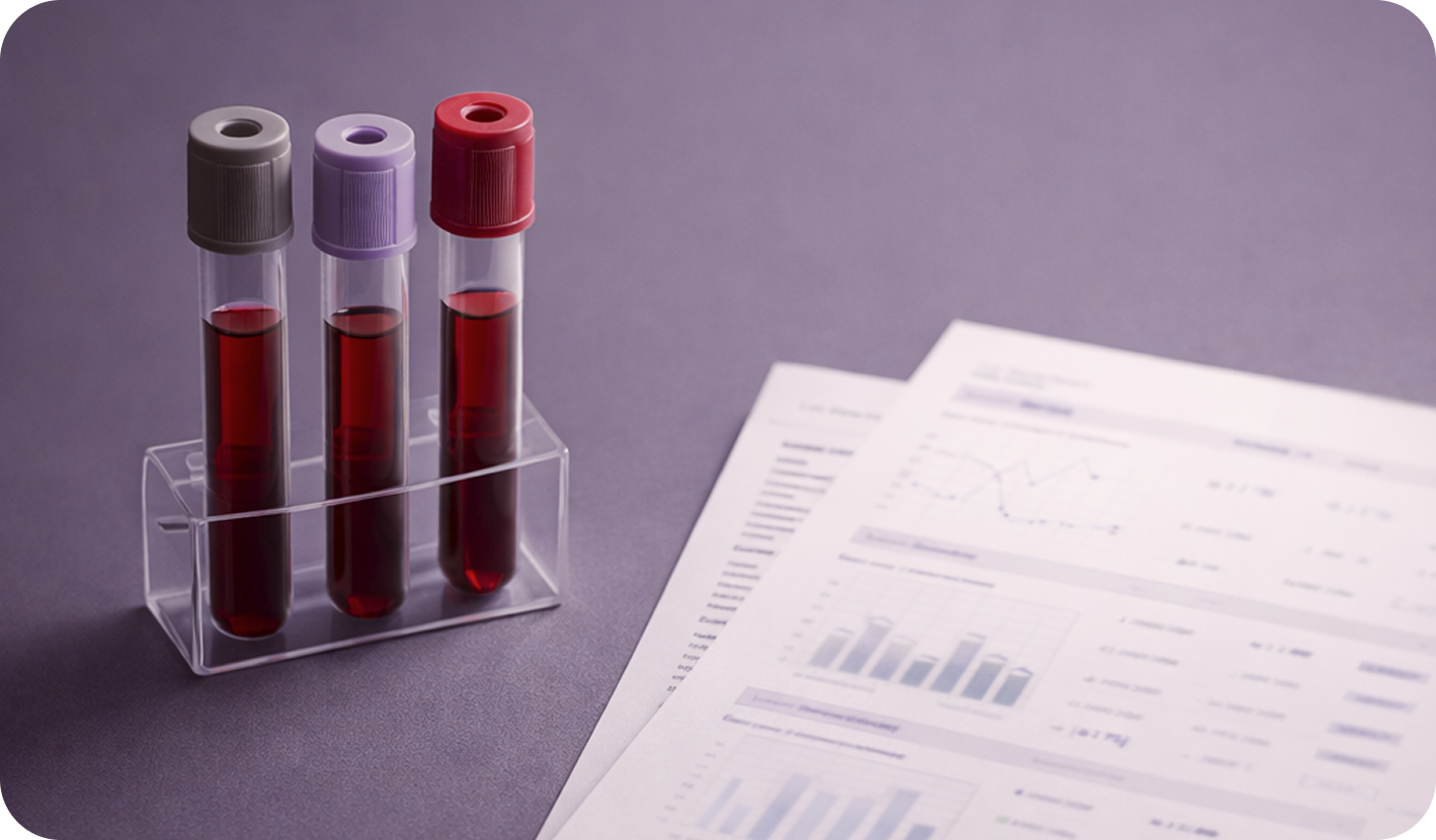 Blood sample test tubes in a clear rack beside printed lab reports for Apex Performance & Longevity lab analysis